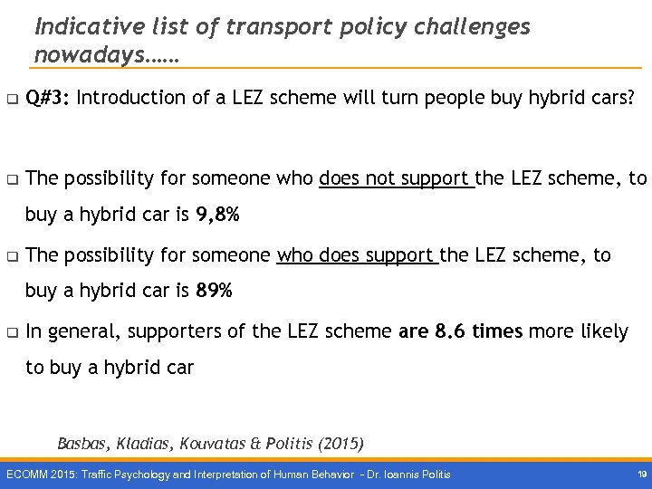 Indicative list of transport policy challenges nowadays…… q Q#3: Introduction of a LEZ scheme