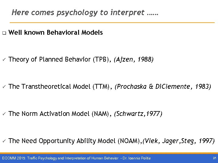 Here comes psychology to interpret …… q Well known Behavioral Models ü Theory of