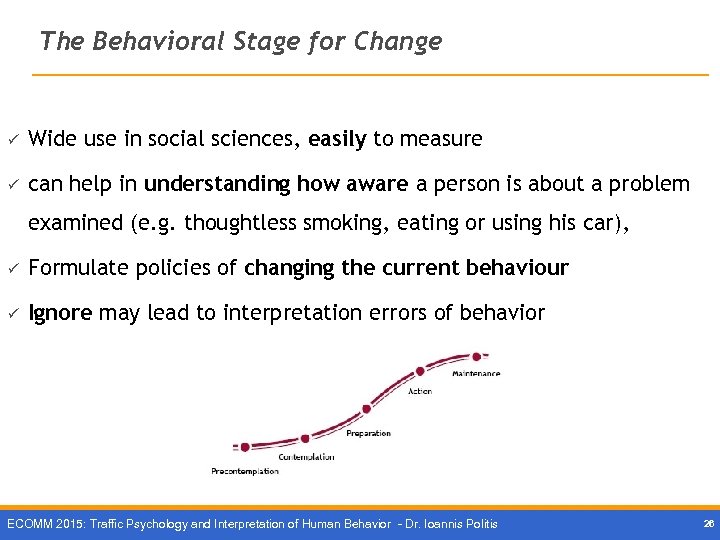 The Behavioral Stage for Change ü Wide use in social sciences, easily to measure