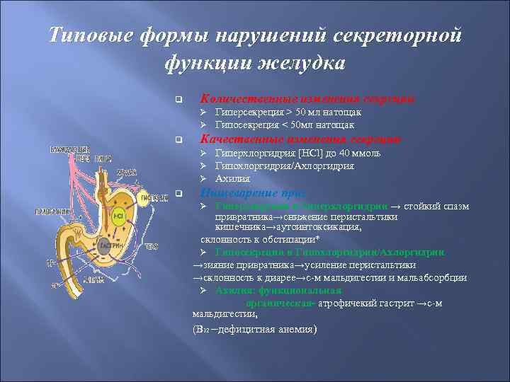 Типовые формы нарушений секреторной функции желудка q Количественные изменения секреции Ø Ø q Качественные