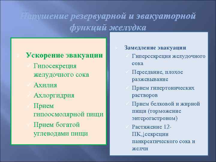 Нарушение резервуарной и эвакуаторной функций желудка Ø Ø Ускорение эвакуации Гипосекреция желудочного сока ü