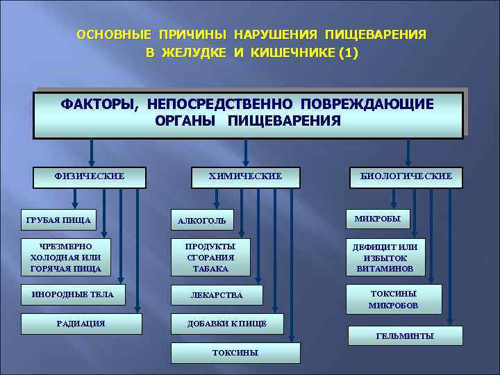 ОСНОВНЫЕ ПРИЧИНЫ НАРУШЕНИЯ ПИЩЕВАРЕНИЯ В ЖЕЛУДКЕ И КИШЕЧНИКЕ (1) ФАКТОРЫ, НЕПОСРЕДСТВЕННО ПОВРЕЖДАЮЩИЕ ОРГАНЫ ПИЩЕВАРЕНИЯ