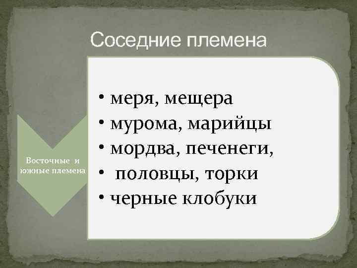 Соседние племена Восточные и южные племена • меря, мещера • мурома, марийцы • мордва,