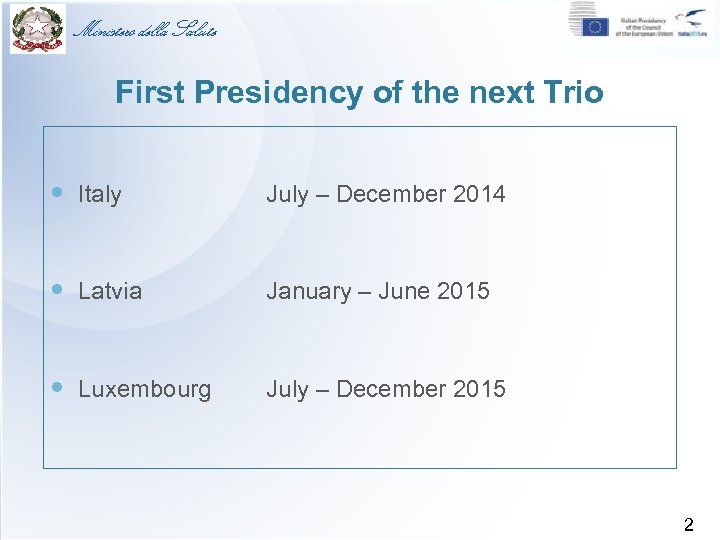 Ministero della Salute First Presidency of the next Trio Italy July – December 2014