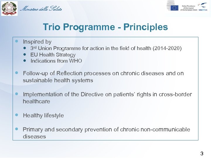 Ministero della Salute Trio Programme - Principles Inspired by 3 rd Union Programme for
