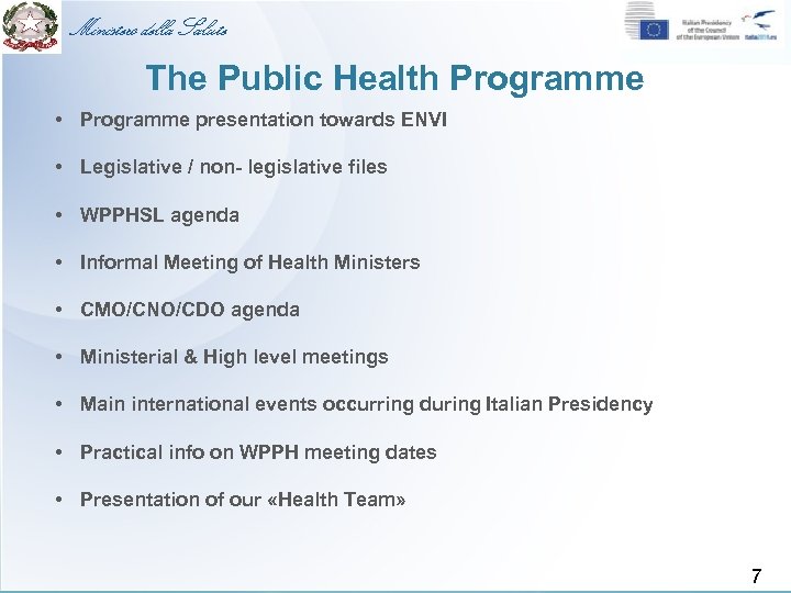 Ministero della Salute The Public Health Programme • Programme presentation towards ENVI • Legislative