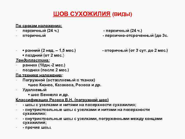 ШОВ СУХОЖИЛИЯ (ВИДЫ) По срокам наложения: - первичный (24 ч. ) - вторичный -