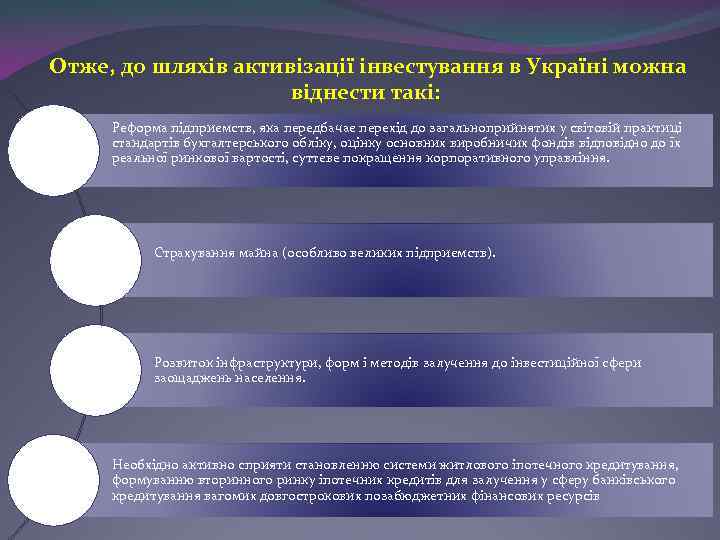  Отже, до шляхів активізації інвестування в Україні можна віднести такі: Реформа підприємств, яка
