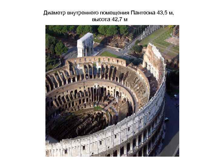 Диаметр внутреннего помещения Пантеона 43, 5 м, высота 42, 7 м 