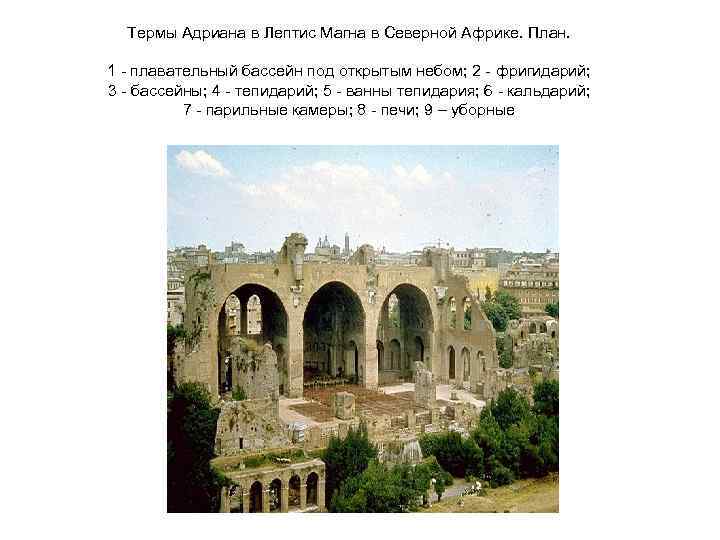 Термы Адриана в Лептис Магна в Северной Африке. План. 1 - плавательный бассейн под