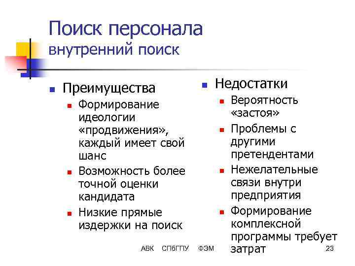 Поиск персонала внутренний поиск n Преимущества n n Формирование идеологии «продвижения» , каждый имеет