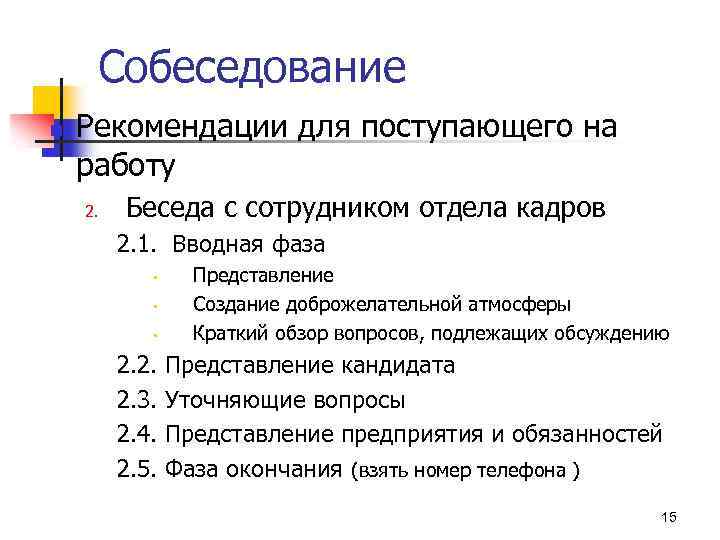 Собеседование n Рекомендации для поступающего на работу 2. Беседа с сотрудником отдела кадров 2.