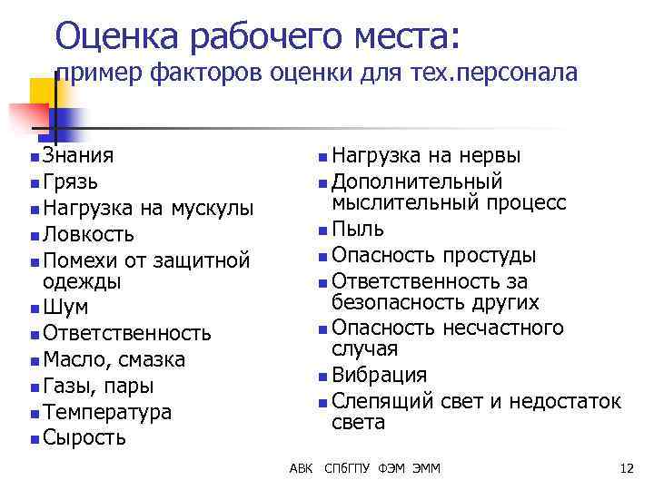 Оценка рабочего места: пример факторов оценки для тех. персонала Знания n Грязь n Нагрузка