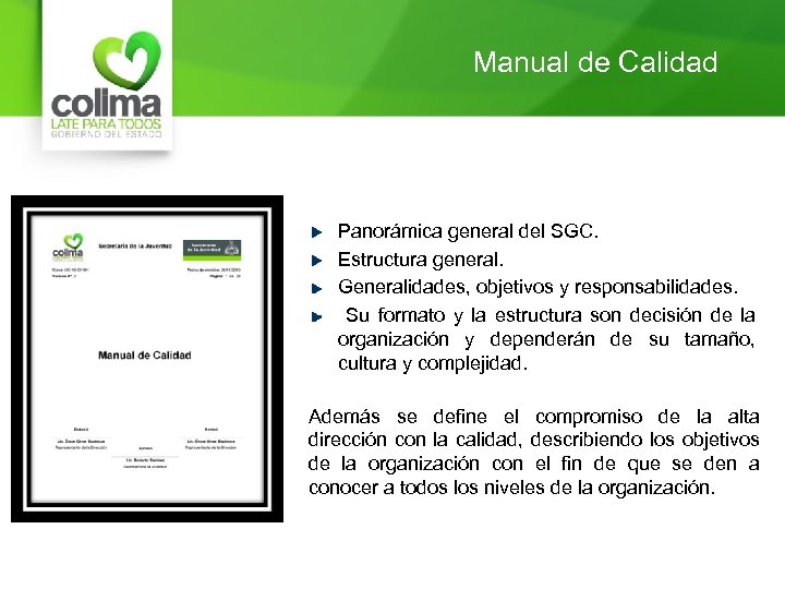 Manual de Calidad Panorámica general del SGC. Estructura general. Generalidades, objetivos y responsabilidades. Su