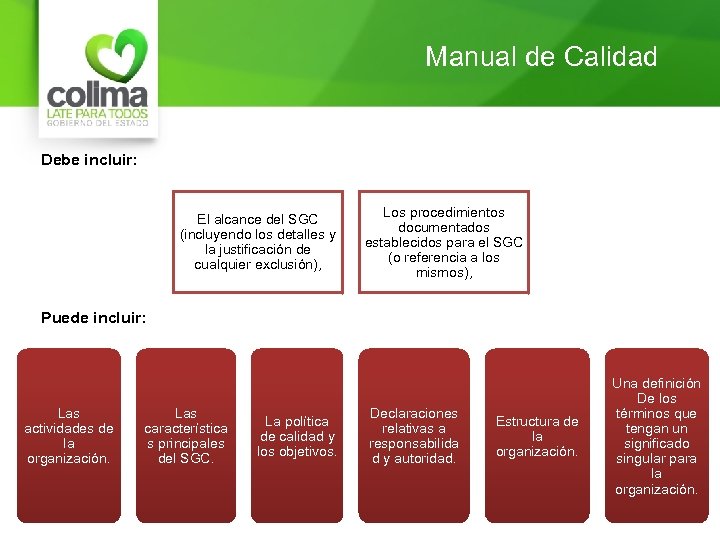 Manual de Calidad Debe incluir: El alcance del SGC (incluyendo los detalles y la