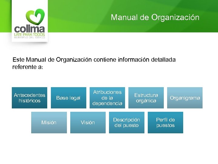 Manual de Organización Este Manual de Organización contiene información detallada referente a: Antecedentes históricos