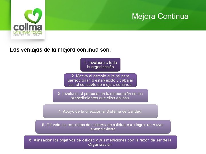 Mejora Continua Las ventajas de la mejora continua son: 1. Involucra a toda la