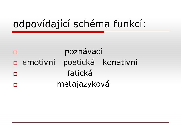 odpovídající schéma funkcí: o o poznávací emotivní poetická konativní fatická metajazyková 