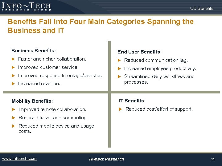 UC Benefits Fall Into Four Main Categories Spanning the Business and IT Business Benefits:
