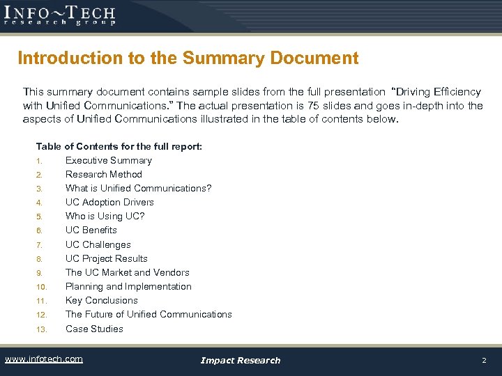 Introduction to the Summary Document This summary document contains sample slides from the full