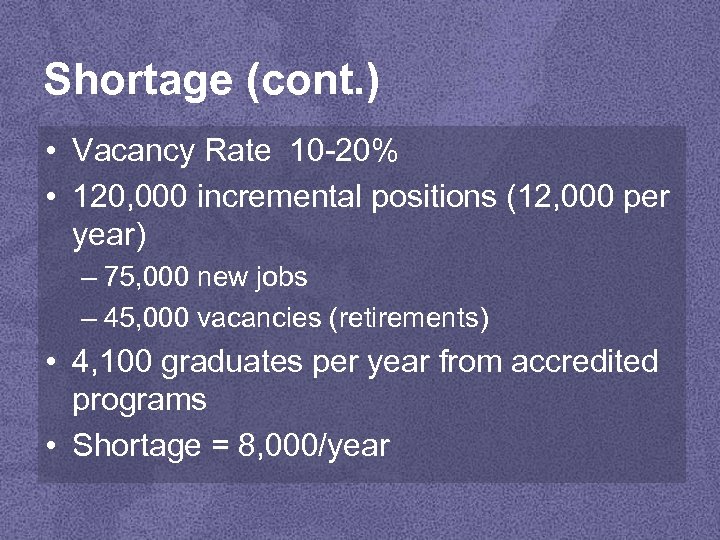 Shortage (cont. ) • Vacancy Rate 10 -20% • 120, 000 incremental positions (12,
