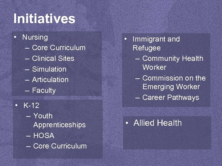 Initiatives • Nursing – Core Curriculum – Clinical Sites – Simulation – Articulation –
