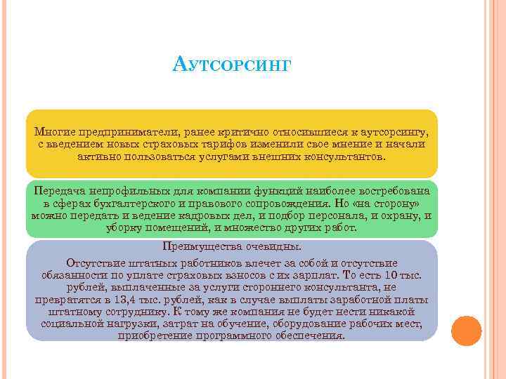 АУТСОРСИНГ Многие предприниматели, ранее критично относившиеся к аутсорсингу, с введением новых страховых тарифов изменили