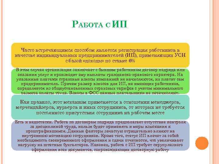 РАБОТА С ИП Часто встречающимся способом является регистрация работников в качестве индивидуальных предпринимателей (ИП),