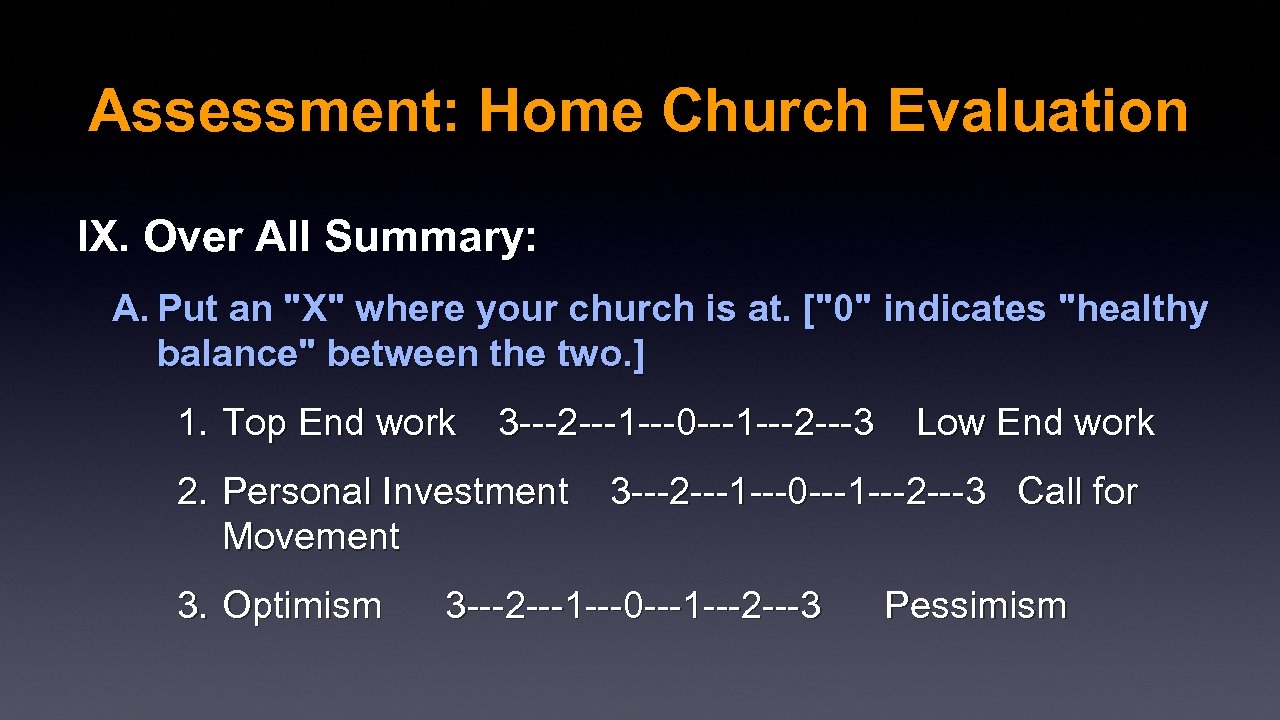 Assessment: Home Church Evaluation IX. Over All Summary: A. Put an 