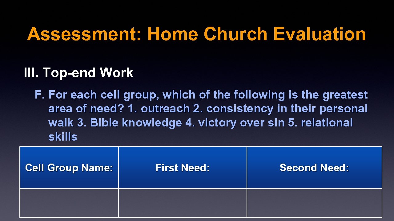 Assessment: Home Church Evaluation III. Top-end Work F. For each cell group, which of