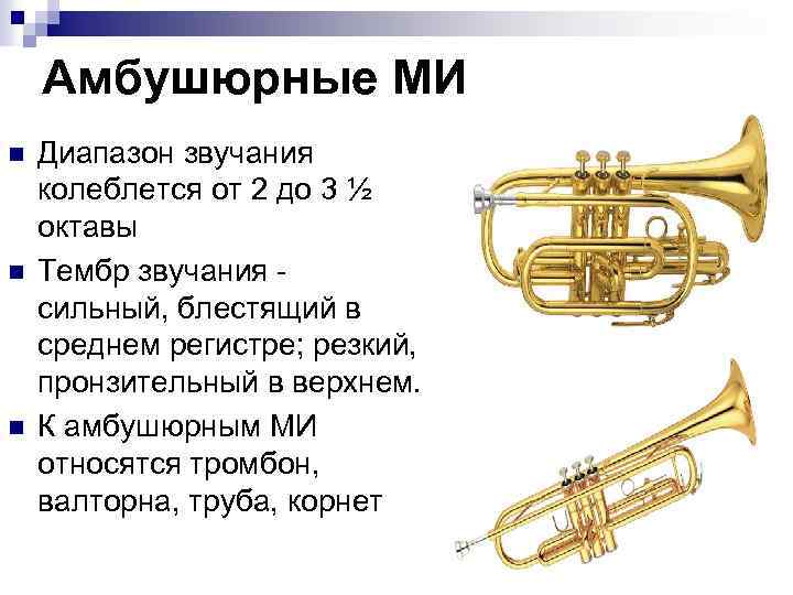 Амбушюрные МИ n n n Диапазон звучания колеблется от 2 до 3 ½ октавы