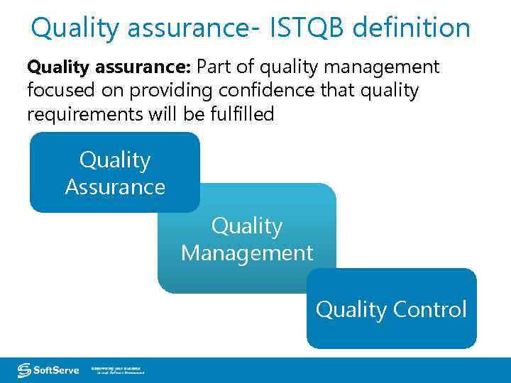 Quality assurance- ISTQB definition Quality assurance: Part of quality management focused on providing confidence