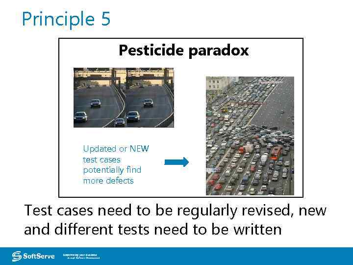 Principle 5 Pesticide paradox Updated or NEW test cases potentially find more defects Test