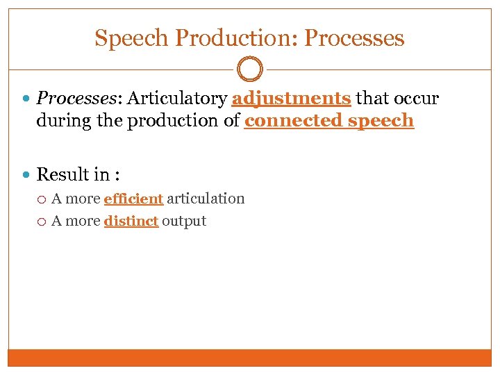 Speech Production: Processes: Articulatory adjustments that occur during the production of connected speech Result