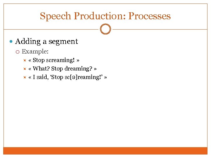 Speech Production: Processes Adding a segment Example: « Stop screaming! » « What? Stop