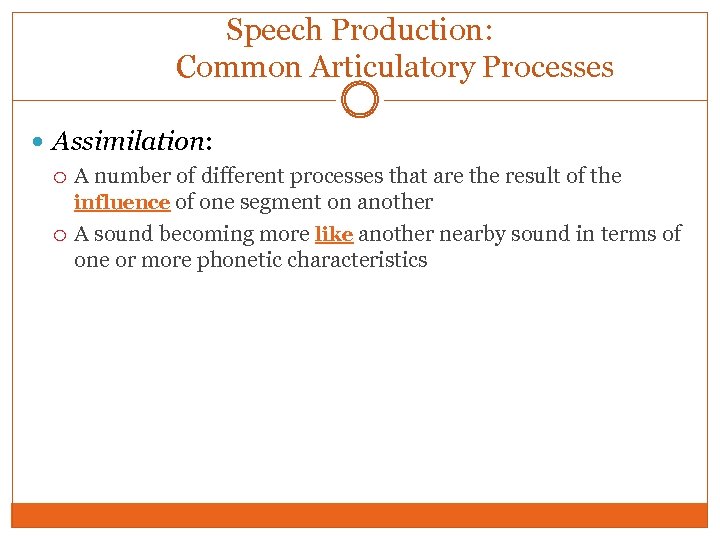 Speech Production: Common Articulatory Processes Assimilation: A number of different processes that are the