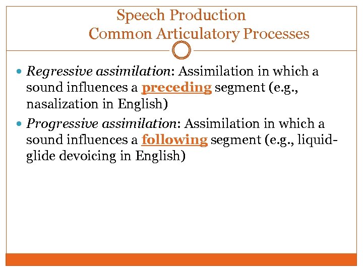 Speech Production Common Articulatory Processes Regressive assimilation: Assimilation in which a sound influences a