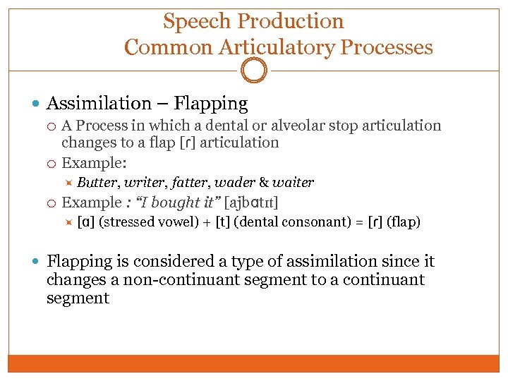 Speech Production Common Articulatory Processes Assimilation – Flapping A Process in which a dental