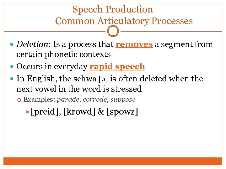 Speech Production Common Articulatory Processes Deletion: Is a process that removes a segment from