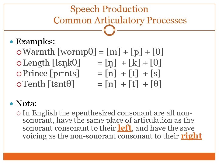 Speech Production Common Articulatory Processes Examples: Warmth [wormpθ] = [m] + [p] + [θ]