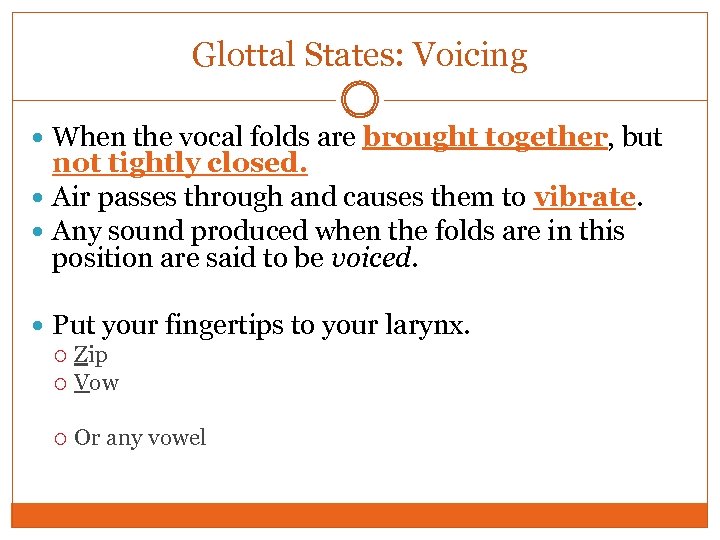 Glottal States: Voicing When the vocal folds are brought together, but not tightly closed.