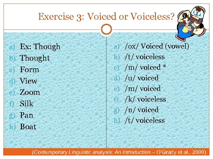 Exercise 3: Voiced or Voiceless? a) Ex: Though a) /ox/ Voiced (vowel) b) Thought