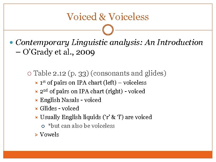 Voiced & Voiceless Contemporary Linguistic analysis: An Introduction – O’Grady et al. , 2009