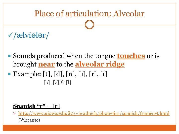 Place of articulation: Alveolar /ælviələr/ Sounds produced when the tongue touches or is brought