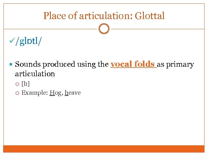 Place of articulation: Glottal /glɒtl/ Sounds produced using the vocal folds as primary articulation