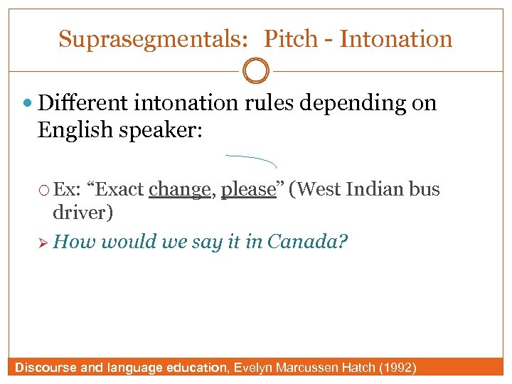 Suprasegmentals: Pitch - Intonation Different intonation rules depending on English speaker: Ex: “Exact change,
