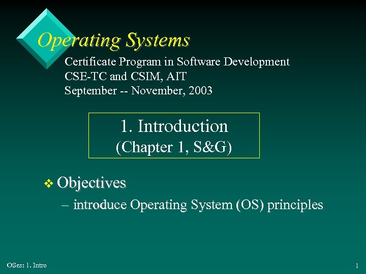 Operating Systems Certificate Program in Software Development CSE-TC and CSIM, AIT September -- November,