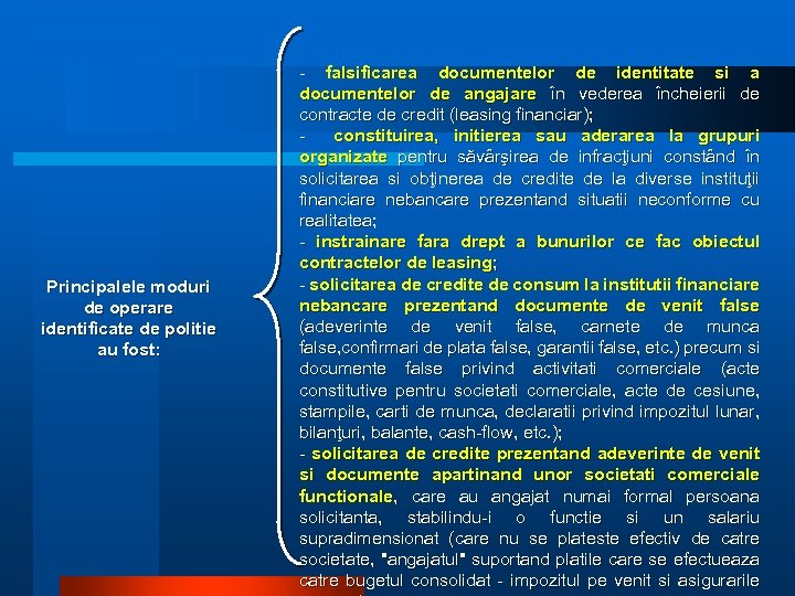Principalele moduri de operare identificate de politie au fost: - falsificarea documentelor de identitate