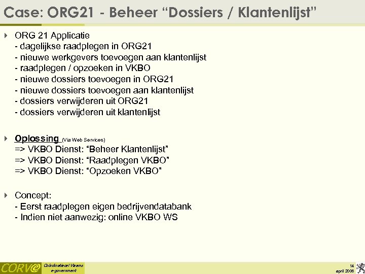 Case: ORG 21 - Beheer “Dossiers / Klantenlijst” 4 ORG 21 Applicatie - dagelijkse