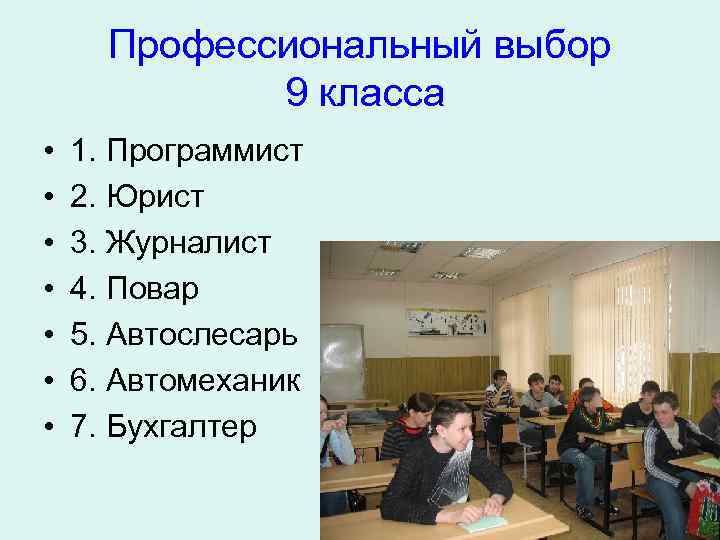 Профессиональный выбор 9 класса • • 1. Программист 2. Юрист 3. Журналист 4. Повар